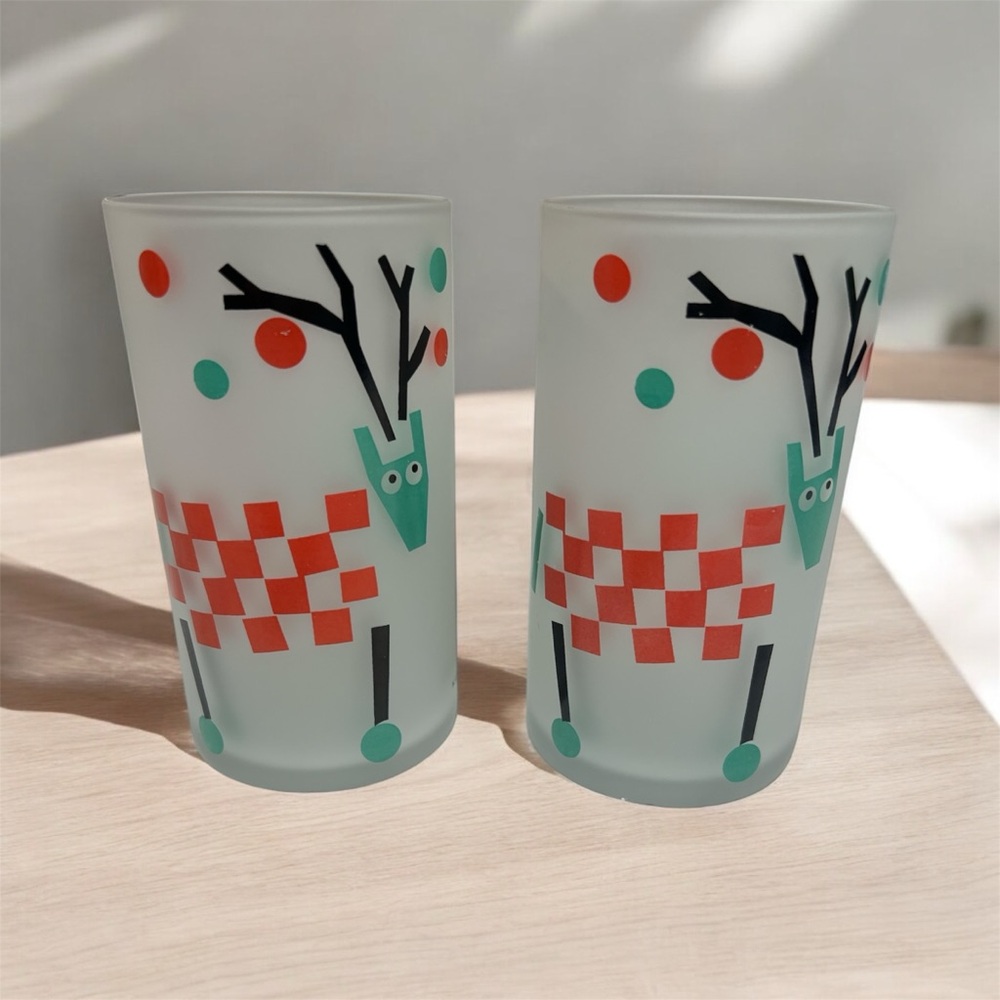 Vintage 1980’s KATJA Reindeer Designed Frosted Highball Glasses/ Made in Japan